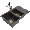 Mexen Gaspar granitový dřez 1,5-komorový s odkapávačem a kuchyňskou baterií Flora, černý kropenatý - 6507-76-670401-57-G