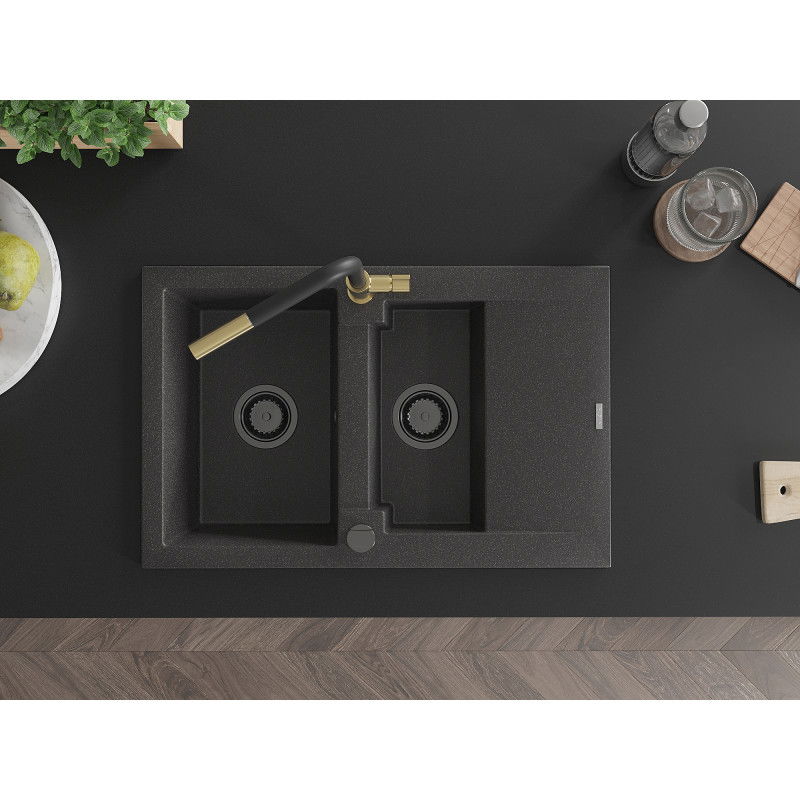 Mexen Gaspar granitový dřez 1,5-komorový s odkapávačem a kuchyňskou baterií Flora, černý s tečkami - 6507-76-670401-57-B