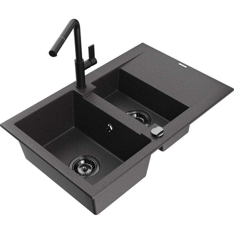 Mexen Gaspar dřez žulový 1,5-komorový s odkapávačem a kuchyňskou baterií Flora, černý se skvrnami - 6507-76-670401-70-B