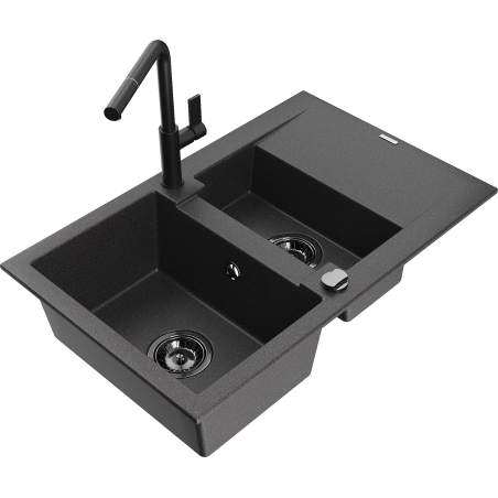 Mexen Gaspar dřez žulový 1,5-komorový s odkapávačem a kuchyňskou baterií Flora, černý se skvrnami - 6507-76-670401-70-B