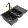 Mexen Gaspar žulový dřez 1,5-komorový s odkapávačem a kuchyňskou baterií Flora, černý tečkovaný - 6507-76-670401-75-B