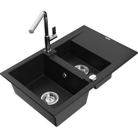 Mexen Gaspar granitový dřez 1,5-komorový s odkapávačem a kuchyňskou baterií Flora, černý - 6507-77-670401-00