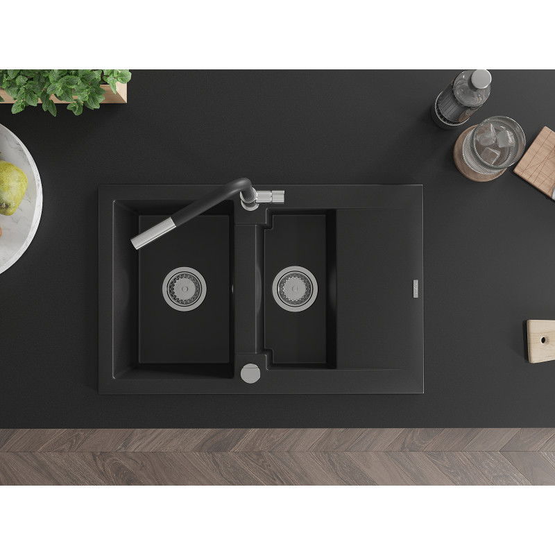 Mexen Gaspar granitový dřez 1,5-komorový s odkapávačem a kuchyňskou baterií Flora, černý - 6507-77-670401-07