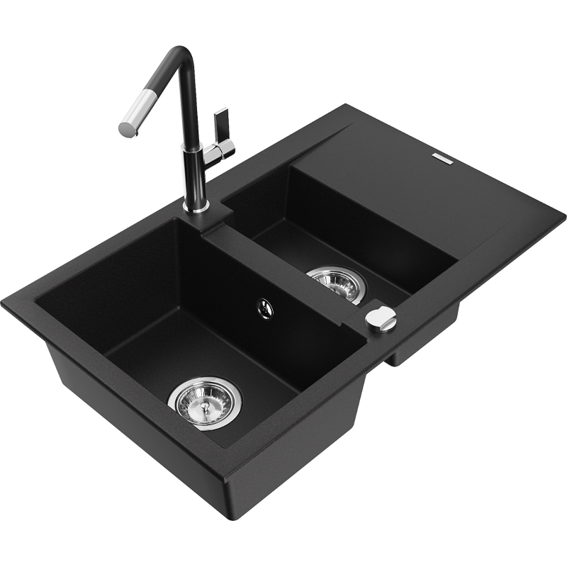 Mexen Gaspar granitový dřez 1,5-komorový s odkapávačem a kuchyňskou baterií Flora, černý - 6507-77-670401-07