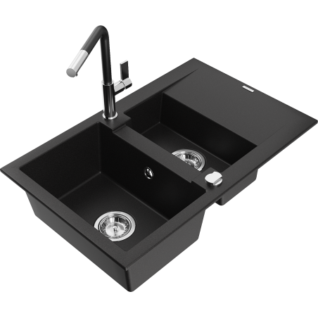 Mexen Gaspar granitový dřez 1,5-komorový s odkapávačem a kuchyňskou baterií Flora, černý - 6507-77-670401-07