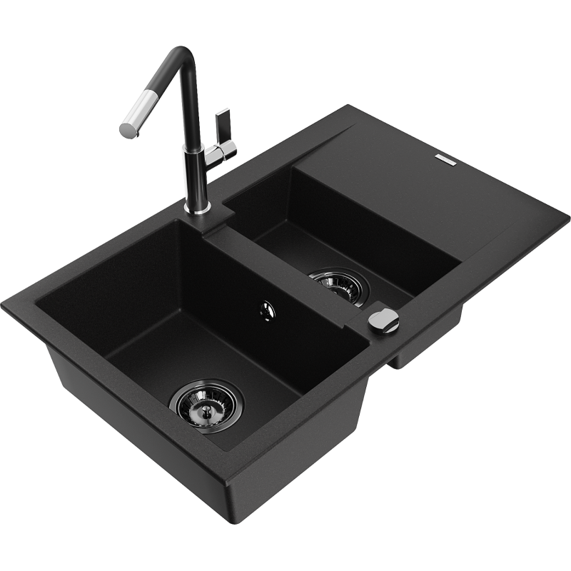 Mexen Gaspar žulový dřez 1,5komorový s odkapávačem a kuchyňskou baterií Flora, černý - 6507-77-670401-07-B