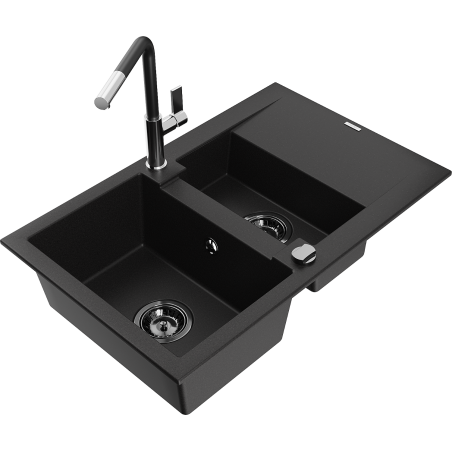Mexen Gaspar žulový dřez 1,5komorový s odkapávačem a kuchyňskou baterií Flora, černý - 6507-77-670401-07-B