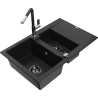 Mexen Gaspar žulový dřez 1,5komorový s odkapávačem a kuchyňskou baterií Flora, černý - 6507-77-670401-07-B