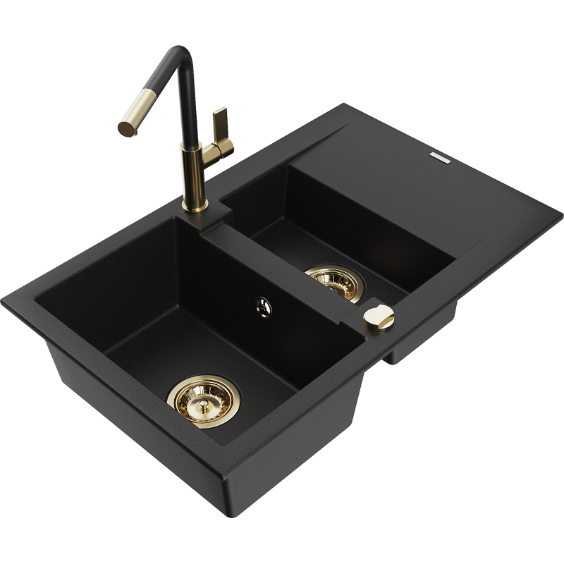 Mexen Gaspar granitový dřez 1,5-komorový s odkapávačem a kuchyňskou baterií Flora, černý - 6507-77-670401-57-G