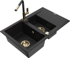 Mexen Gaspar granitový dřez 1,5-komorový s odkapávačem a kuchyňskou baterií Flora, černý - 6507-77-670401-57-G