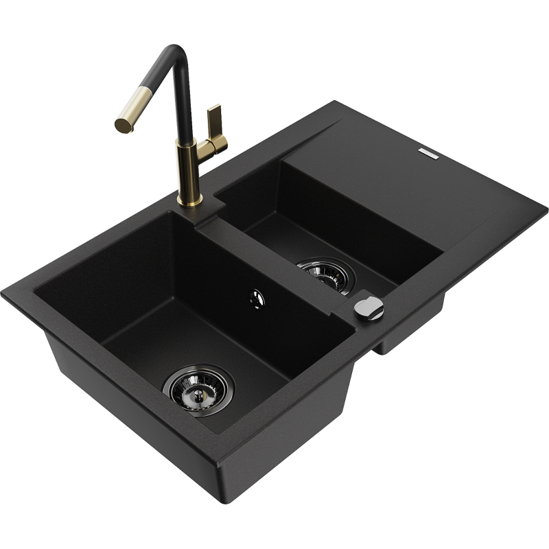 Mexen Gaspar granitový dřez 1,5-komorový s odkapávačem a kuchyňskou baterií Flora, černý - 6507-77-670401-57-B