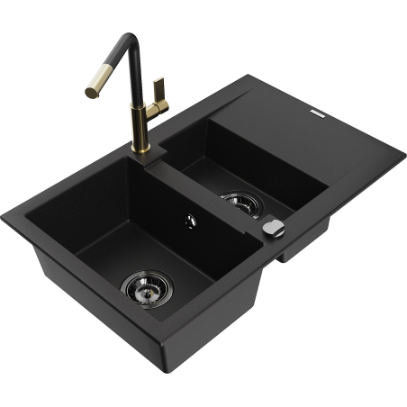 Mexen Gaspar granitový dřez 1,5-komorový s odkapávačem a kuchyňskou baterií Flora, černý - 6507-77-670401-57-B