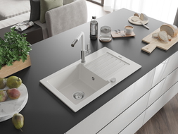 Mexen Pablo granitový dřez s odkapávačem a kuchyňskou baterií Flora, bílý - 6510-20-670401-02