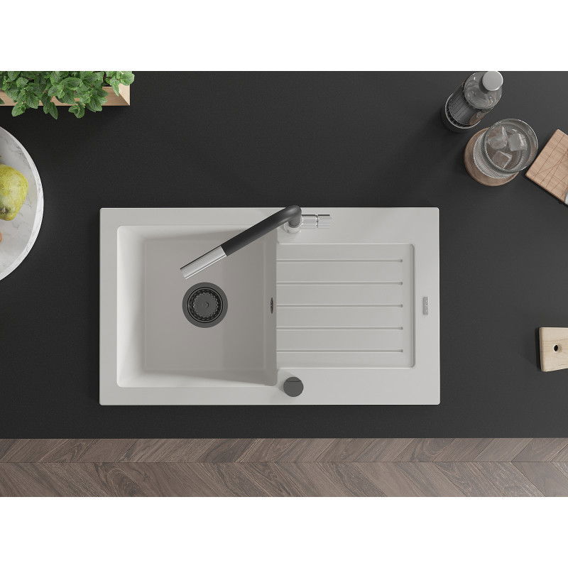 Mexen Pablo granitový dřez 1-komorový s odkapávačem a kuchyňskou baterií Flora, bílý - 6510-20-670401-07-B