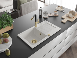 Mexen Pablo granitový dřez s 1 komorou s odkapávačem a kuchyňskou baterií Flora, bílý - 6510-20-670401-57-G