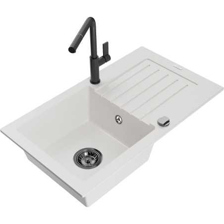 Mexen Pablo granitový dřez 1-komorový s odkapávačem a kuchyňskou baterií Flora, bílá - 6510-20-670401-70-B