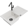 Mexen Pablo granitový dřez 1-komorový s odkapávačem a kuchyňskou baterií Flora, bílá - 6510-20-670401-70-B