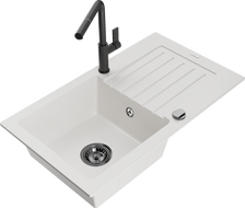 Mexen Pablo granitový dřez 1-komorový s odkapávačem a kuchyňskou baterií Flora, bílá - 6510-20-670401-70-B