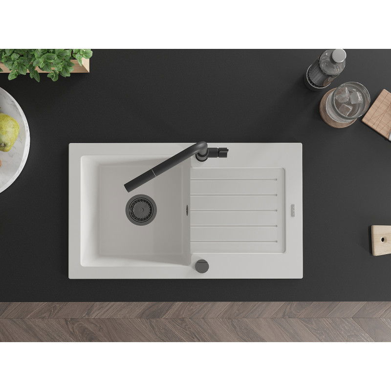 Mexen Pablo granitový dřez 1-komorový s odkapávačem a kuchyňskou baterií Flora, bílá - 6510-20-670401-70-B