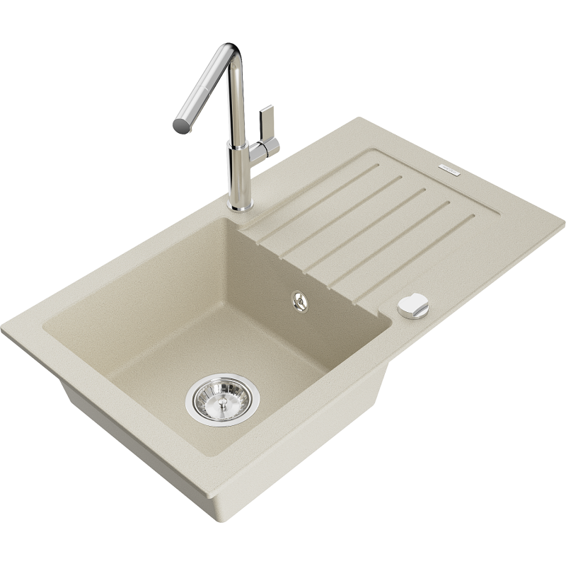 Mexen Pablo žulový dřez 1-komorový s odkapávačem a kuchyňskou baterií Flora, béžový - 6510-69-670401-00