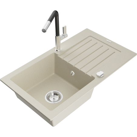Mexen Pablo granitový dřez jednokomorový s odkapávačem a kuchyňskou baterií Flora, béžový - 6510-69-670401-07