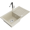 Mexen Pablo granitový dřez jednokomorový s odkapávačem a kuchyňskou baterií Flora, béžový - 6510-69-670401-07