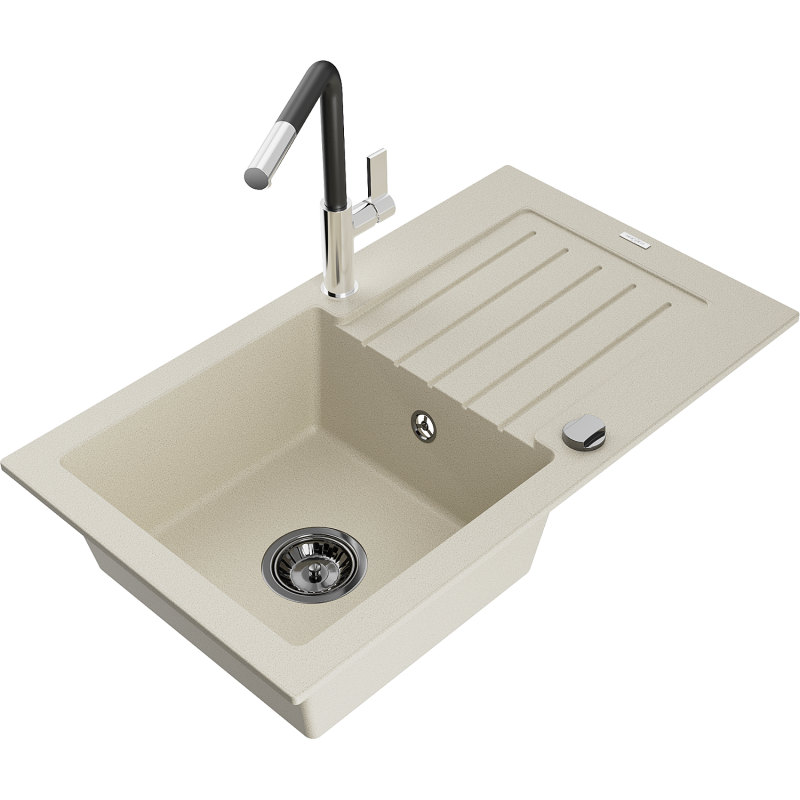 Mexen Pablo granitový dřez 1-komorový s odkapávačem a kuchyňskou baterií Flora, béžový - 6510-69-670401-07-B