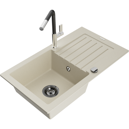 Mexen Pablo granitový dřez 1-komorový s odkapávačem a kuchyňskou baterií Flora, béžový - 6510-69-670401-07-B