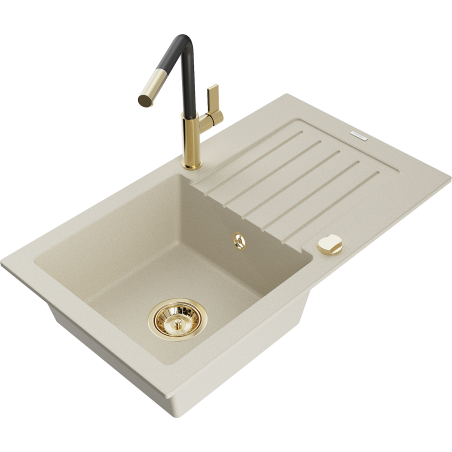 Mexen Pablo granitový dřez 1-komorový s odkapávačem a kuchyňskou baterií Flora, béžový - 6510-69-670401-57-G