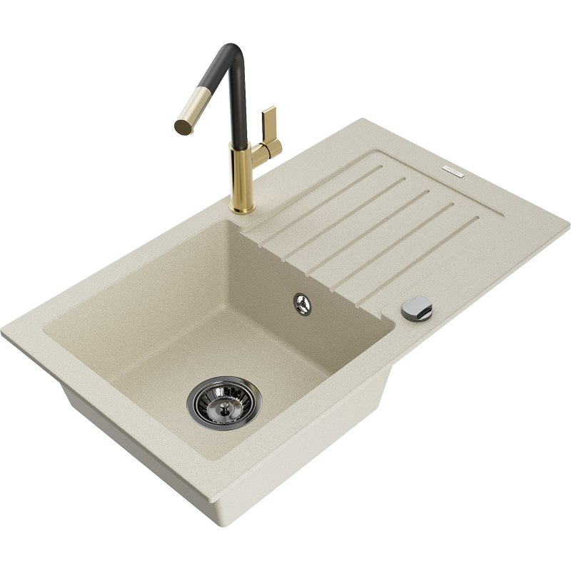 Mexen Pablo granitový dřez s jednou komorou, odkapávačem a kuchyňskou baterií Flora, béžový - 6510-69-670401-57-B