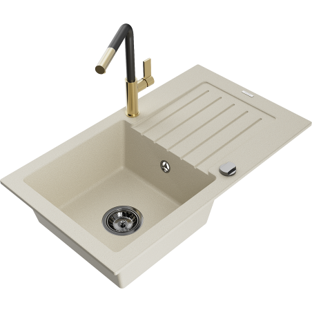 Mexen Pablo granitový dřez s jednou komorou, odkapávačem a kuchyňskou baterií Flora, béžový - 6510-69-670401-57-B