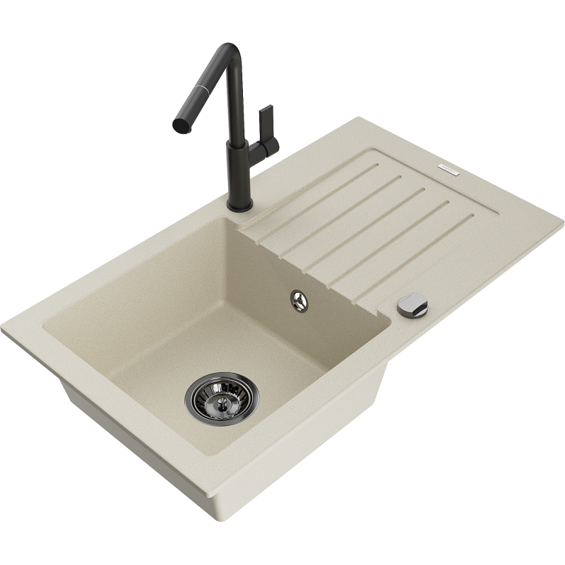 Mexen Pablo granitový dřez 1-komorový s odkapávačem a kuchyňskou baterií Flora, béžový - 6510-69-670401-70-B