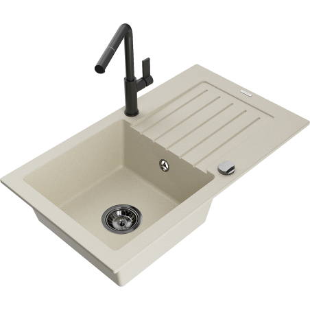 Mexen Pablo granitový dřez 1-komorový s odkapávačem a kuchyňskou baterií Flora, béžový - 6510-69-670401-70-B