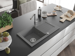 Mexen Pablo granitový dřez 1-komorový s odkapávačem a kuchyňskou baterií Flora, šedý - 6510-71-670401-00