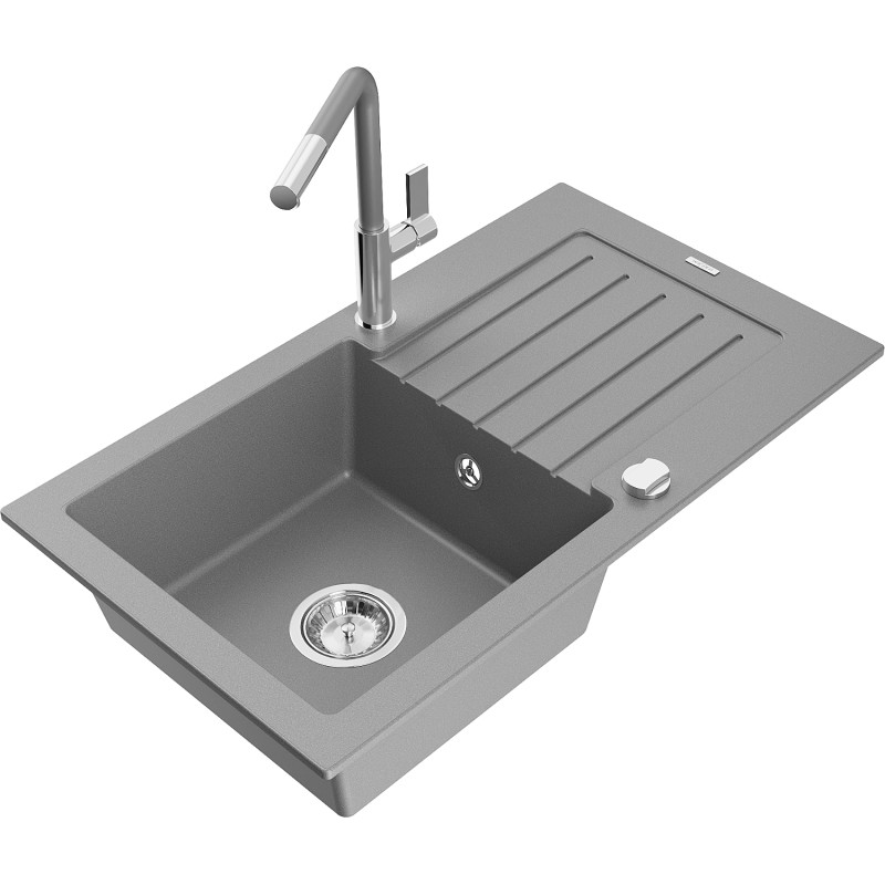 Mexen Pablo granitový dřez s odkapávačem a kuchyňskou baterií Flora, šedý - 6510-71-670401-06