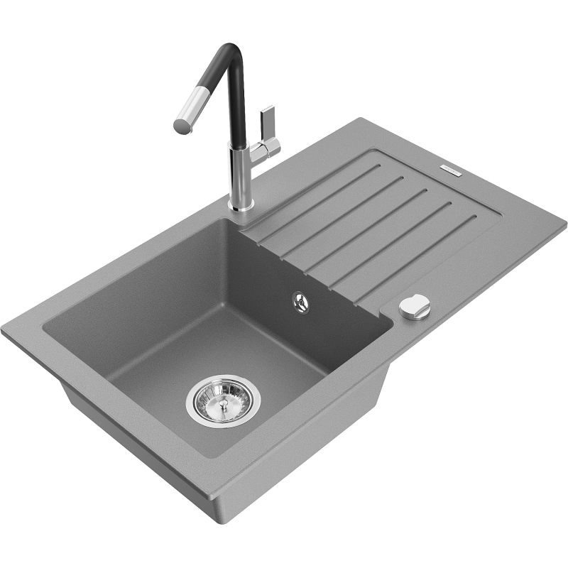 Mexen Pablo žulový kuchyňský dřez s odkapávačem a kuchyňskou baterií Flora, šedý - 6510-71-670401-07