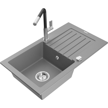 Mexen Pablo žulový kuchyňský dřez s odkapávačem a kuchyňskou baterií Flora, šedý - 6510-71-670401-07