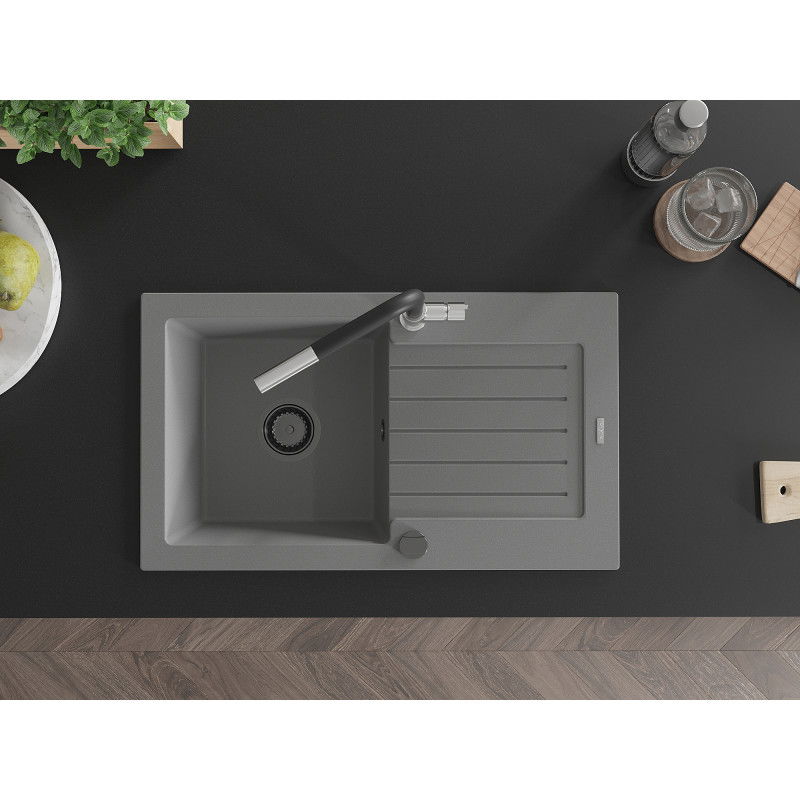 Mexen Pablo granitový dřez s odkapávačem a kuchyňskou baterií Flora, šedý - 6510-71-670401-07-B