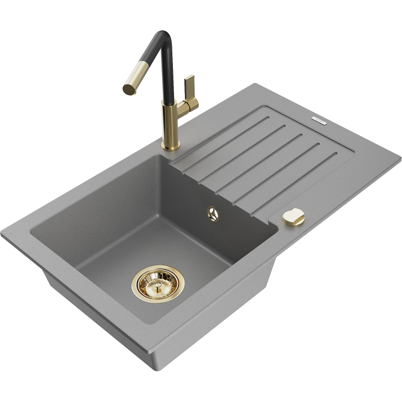 Mexen Pablo granitový dřez 1-komorový s odkapávačem a kuchyňskou baterií Flora, šedý - 6510-71-670401-57-G