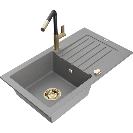 Mexen Pablo granitový dřez 1-komorový s odkapávačem a kuchyňskou baterií Flora, šedý - 6510-71-670401-57-G