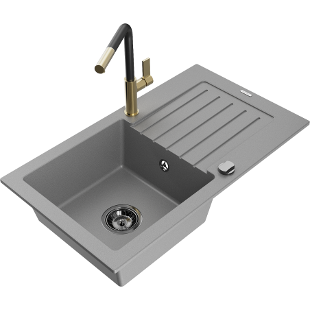 Mexen Pablo granitový kuchyňský dřez s odkapávačem a kuchyňskou baterií Flora, šedý - 6510-71-670401-57-B
