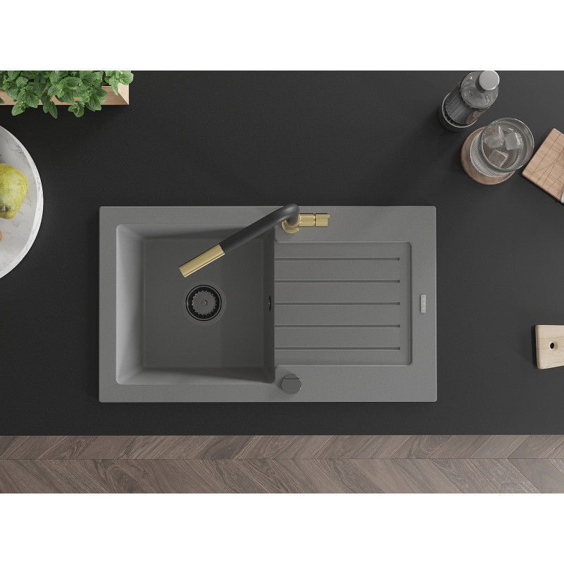 Mexen Pablo granitový kuchyňský dřez s odkapávačem a kuchyňskou baterií Flora, šedý - 6510-71-670401-57-B