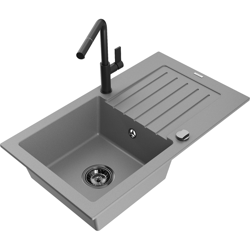 Mexen Pablo dřez granitový 1-komorový s odkapávačem a kuchyňskou baterií Flora, šedý - 6510-71-670401-70-B
