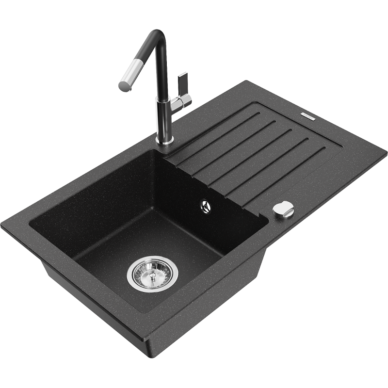 Mexen Pablo granitový dřez, 1-komorový s odkapávačem a kuchyňskou baterií Flora, černý/stříbrný metalický - 6510-73-670401-07