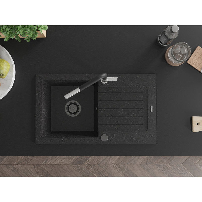Mexen Pablo žulový dřez 1-komorový s odkapávačem a kuchyňskou baterií Flora, černý/stříbrný metalik - 6510-73-670401-07-B