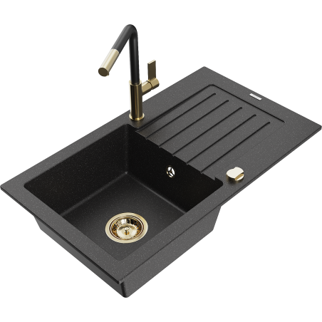 Mexen Pablo granitový dřez s 1 komorou a odkapávačem a kuchyňskou baterií Flora, černý/stříbrný metalík - 6510-73-670401-57-G