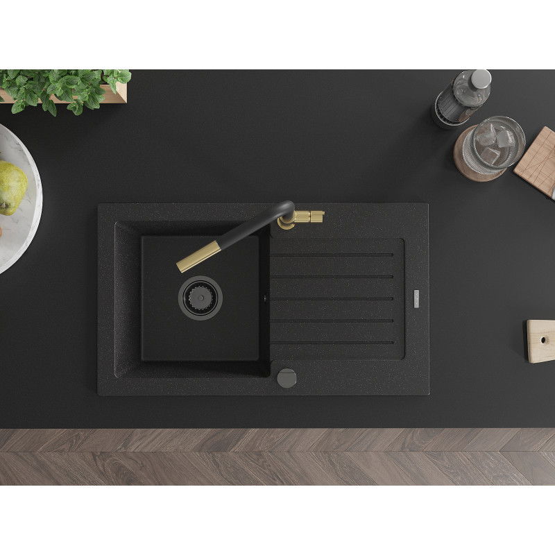 Mexen Pablo granitový dřez 1-komorový s odkapávačem a kuchyňskou baterií Flora, černý/stříbrný metalik - 6510-73-670401-57-B
