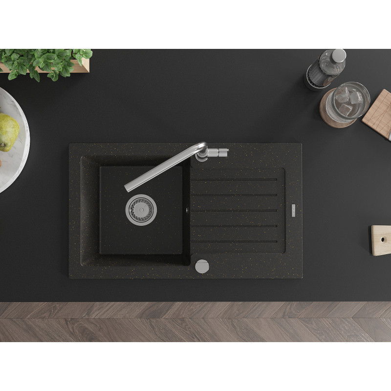 Mexen Pablo granitový dřez s 1 komorou, s odkapávačem a kuchyňskou baterií Flora, černý/zlatý metalik - 6510-75-670401-00