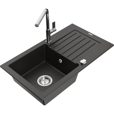 Mexen Pablo granitový dřez s 1 komorou, s odkapávačem a kuchyňskou baterií Flora, černý/zlatý metalik - 6510-75-670401-00