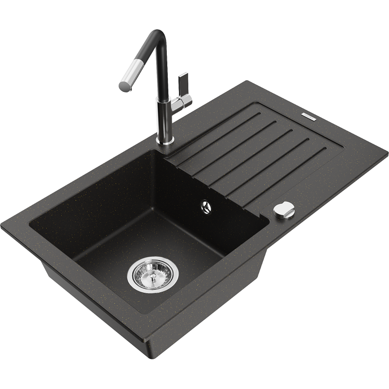 Mexen Pablo granitový dřez 1-komorový s odkapávačem a kuchyňskou baterií Flora, černý/zlatý metalik - 6510-75-670401-07